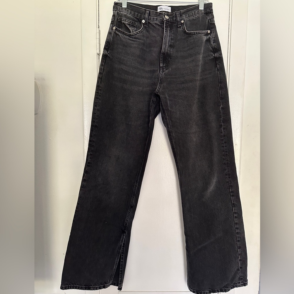Zara Black wash gray Wide Leg Jeans with inner bottom slit size 8 split hem